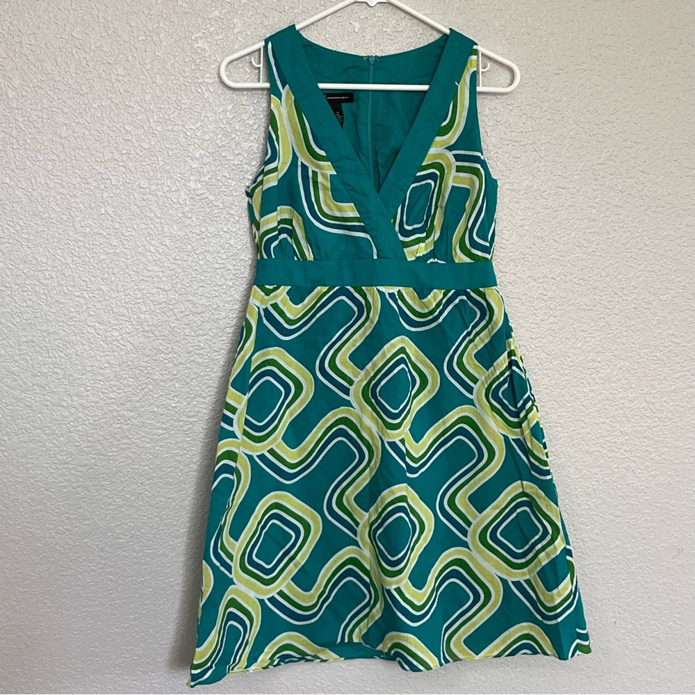 INC Vintage Y2K Dress Teal Green Lime Blue Psychedelic Geometric Fit Flare sz 10